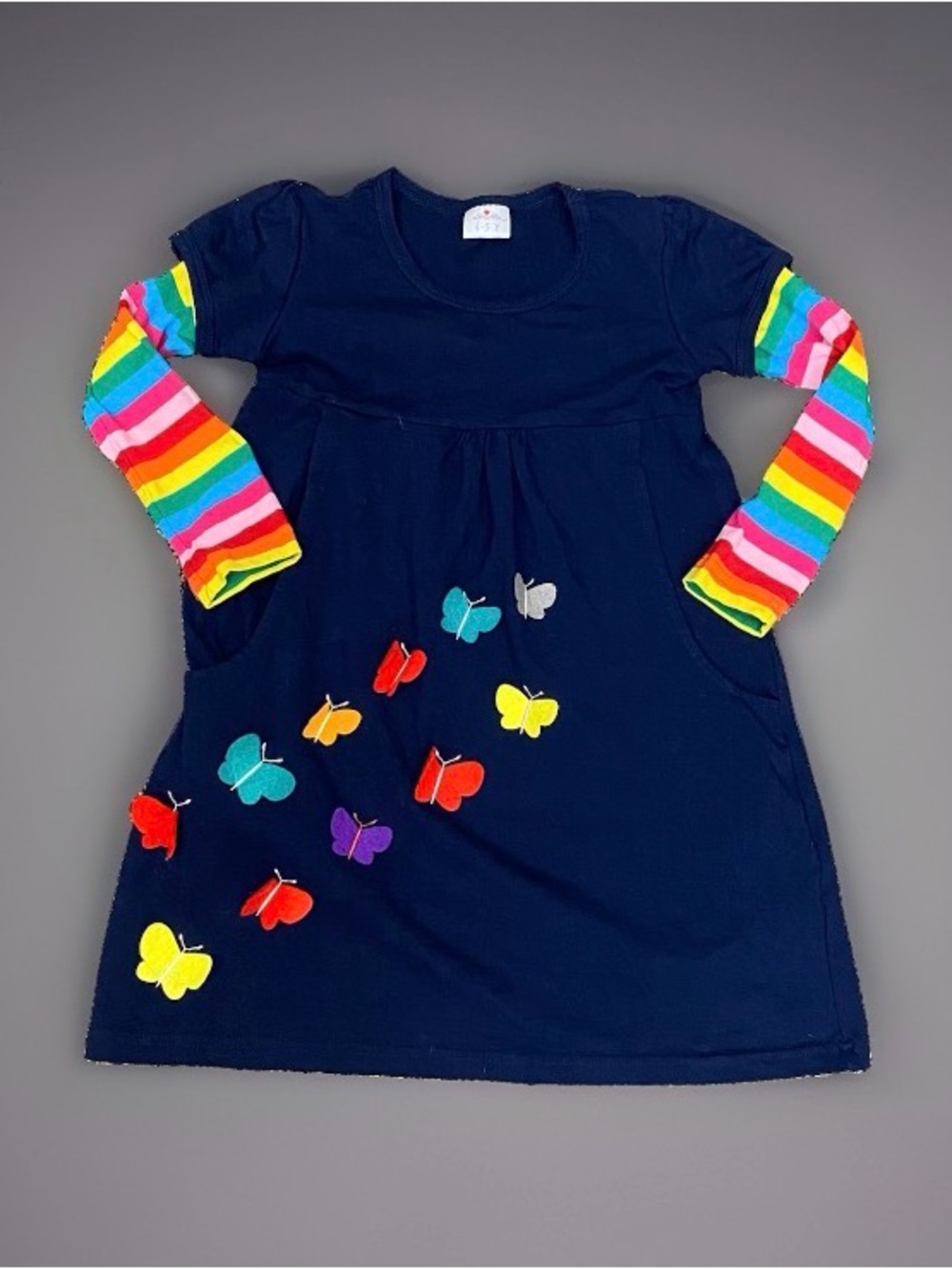 Vikita Navy Rainbow Sleeve 3D Butterfly Long Sleeve Pocket Play Dress Size 4/5